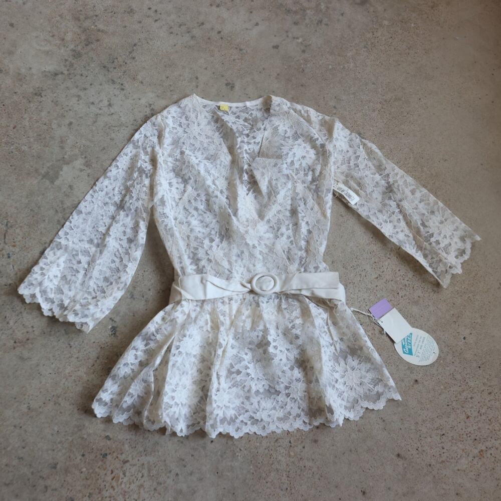 Vintage 70s Deadstock Ivory Bridal Lace Jacket Sheer Peplum Wedding Topper NWT